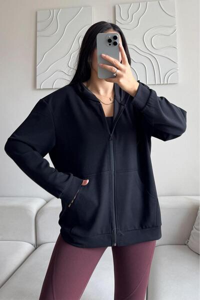 DEEP BEACH Μαύρο γυναικείο φούτερ και μπλουζάκι με κουκούλα με φερμουάρ, μακρυμάνικο, χαλαρή εφαρμογή, από ύφασμα SOO Modal