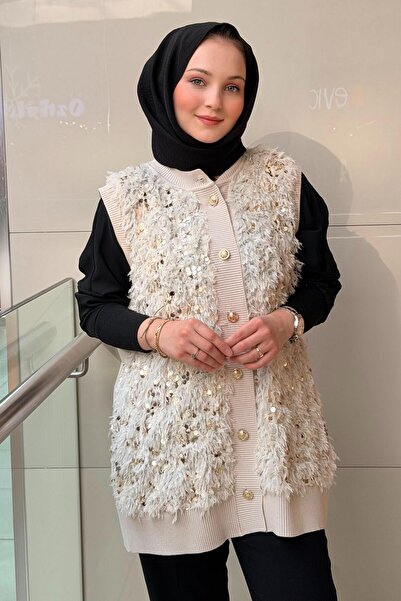 Ghisa Ribbed Vest with Sequin and Feather Detail