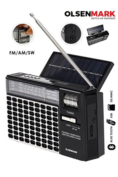 Olsenmark Tri-band solar-powered radio with rechargeable battery, USB, TF, MP3, and karaoke recorder OMR1276