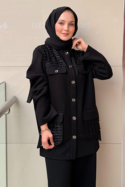 Mahal Crochet Knitwear Mesh Combination Pocket Detailed Trouser Set