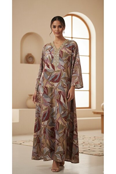 Maison Emarat Botanical Print Kaftan Maxi Dress with Embellished V-Neck