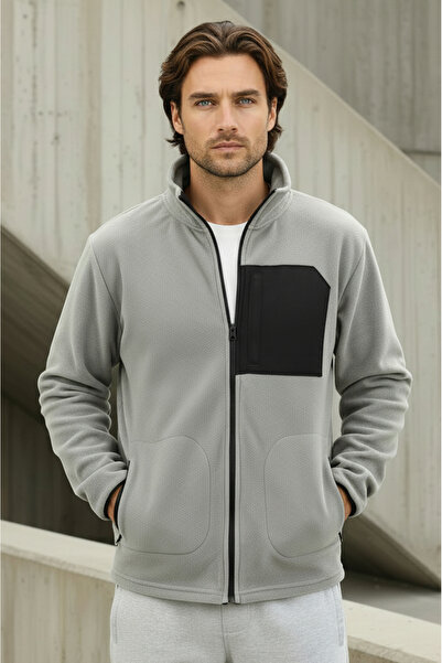 Sizce Moda Μπουφάν Regular Fit, ανθεκτικό στο κρύο, χωρίς γκριασμένο επικάλυψη, ψηλός λαιμός γκρι φλις μπουφάν