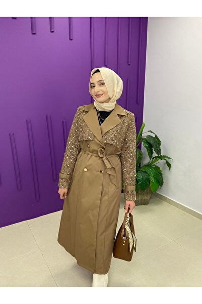 Mood Mihri Kadın Tesettür Pulpayetli Bel Bağlamalı Şık Trençkot