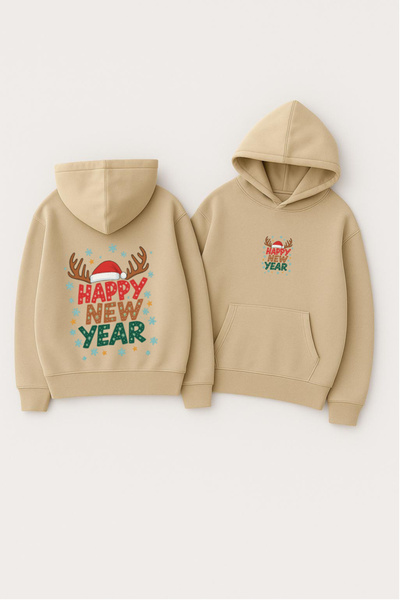 CLASSY.MODA Unisex Hooded Oversized Printed Sweatshirt – Happy New Year with Reindeer Antlers and New Year's Writing