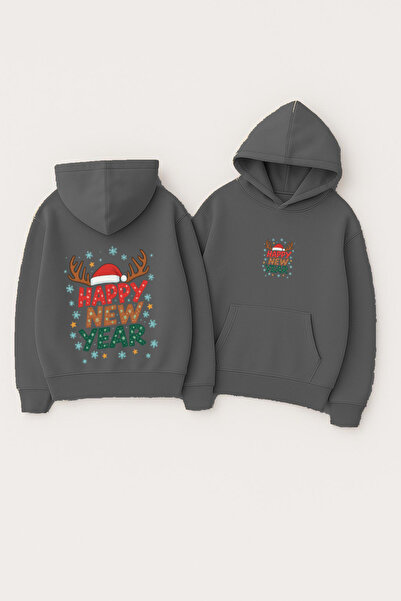 CLASSY.MODA Unisex Hooded Oversized Printed Sweatshirt – Happy New Year with Reindeer Antlers and New Year's Writing