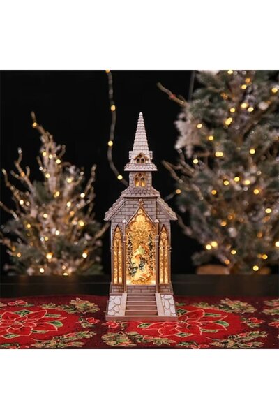 TEONA CONCEPT Christmas LED Lantern Decoration with Music & Snow Effect, USB and Battery, Church Theme, 38 cm - TE
