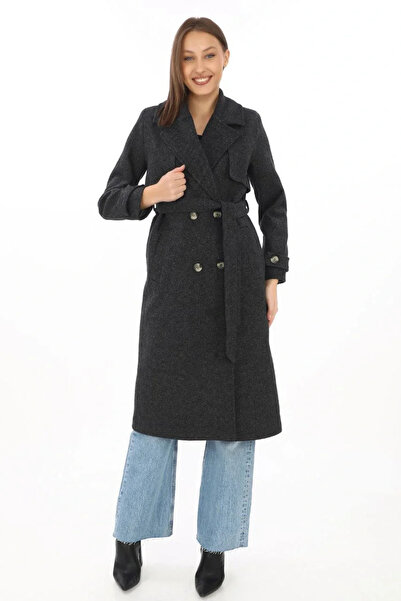 hibiscus Premium Women's Cashmere Coat Long Length, Herringbone Wool Cashmere Woven, Double-Breasted Belted Lined - Black