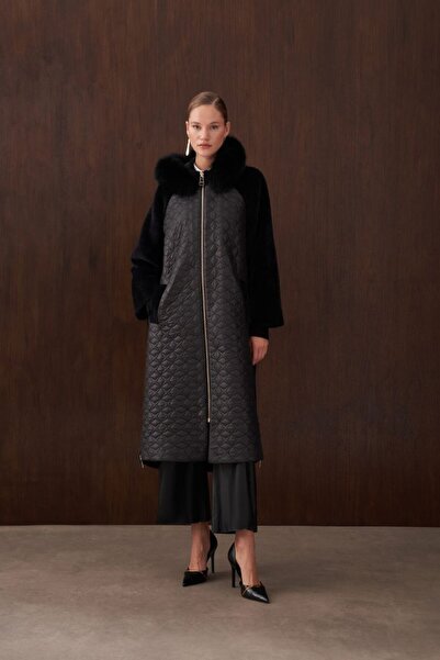 D'RECCY Women's Fur-Detail Quilted Long Zippered Coat