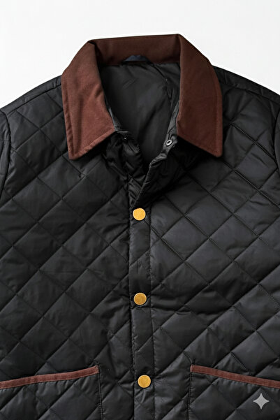 A&O Style Men's Black Regular Fit Premium High Quality Snap Closure Gabardine Quilted Coat with Collar Detail
