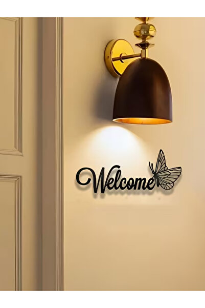 pleksisanati Kelebek Detaylı "Welcome" Yazısı | Dekoratif Duvar/Kapı Dekoru