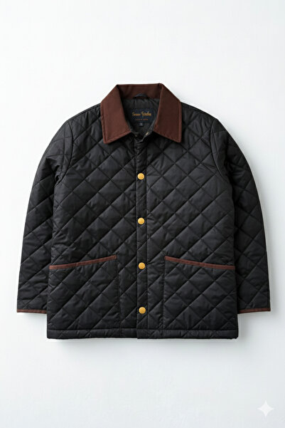 A&O Style Men's Black Regular Fit Premium High Quality Snap Closure Gabardine Quilted Coat with Collar Detail