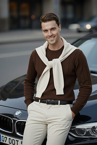 DeepSEA Kahve Dar Kesim Stretch Fabric Men's Knitwear Sweater – Crew Neck Stylish Design 2605433
