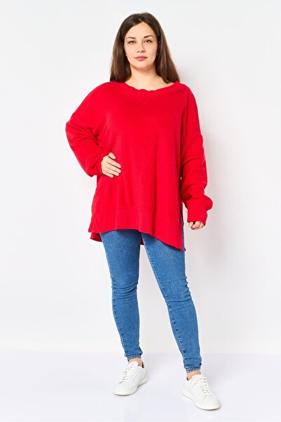 aerie Women Crew Neck Embroidered Long Sleeve Sweatshirt, Red