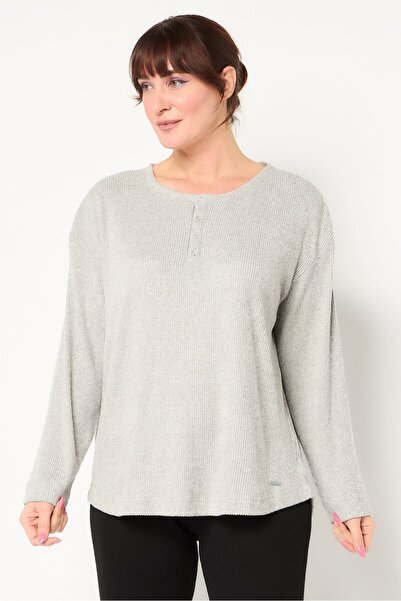 Calvin Klein Women Round Neck Long Sleeve Ribbed Sleepwear Top, Heather Grey