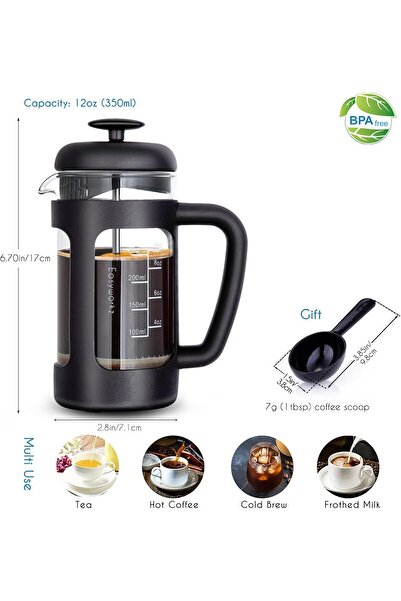Bukela French Press Coffee Tea Maker Borosilicate Glass Non-slip Handle 350ML