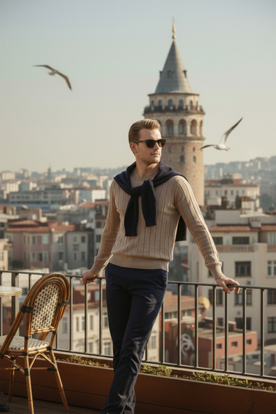 DeepSEA Beige Slim Fit Stretch Fabric Men's Knitwear Sweater – Crew Neck Stylish Design 2605433