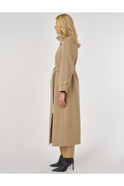 Kayra Mock Neck Belted Cashmere Coat Dark Beige