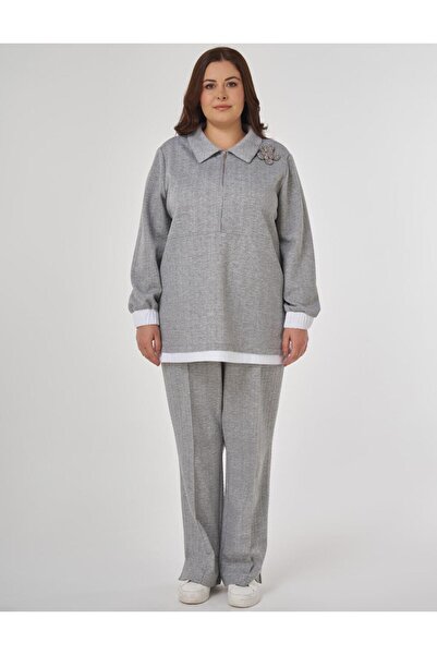 Kayra Brooched Relaxed Fit Double Suit Gray