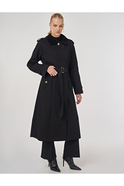 Kayra Velvet Collar Trench Coat Black