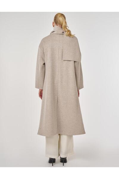 Kayra Button Detailed Scarf Coat with Stone Detail