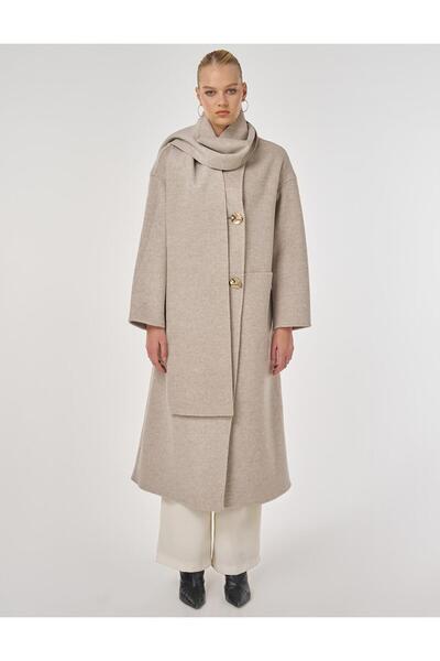 Kayra Button Detailed Scarf Coat with Stone Detail
