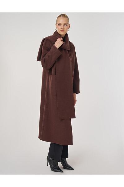 Kayra Button Detailed Scarf Coat with Shawl Detail Burgundy