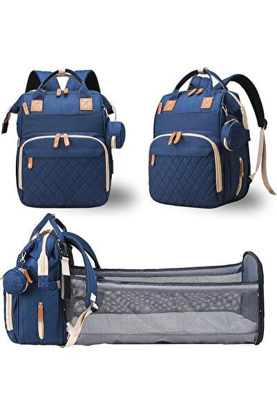 Generic Multifunctional foldable infant backpack and portable crib for mother and baby, children's travel bag, dark blue color