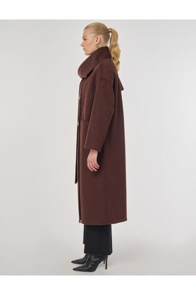 Kayra Button Detailed Scarf Coat with Shawl Detail Burgundy