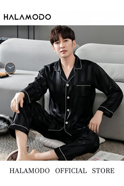 HALAMODO Mens Satin Pajamas Set Classic Short Sleeved and Long Pants Sleepwear Loungewear