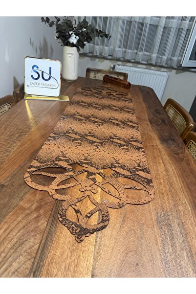 EHA LAZER Light Brown Custom Pattern Faux Leather Runner