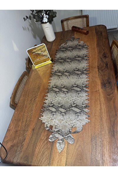 EHA LAZER Ecru Beige Cream Mix Color Custom Pattern Faux Leather Runner