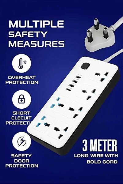 Generic 10-in-1 portable extension cable with 6 power sockets, 3 USB ports, and a PD port, 3 meters long