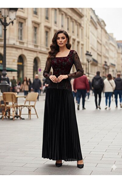 Generic فستان فاخر - مخمل مطرز بالورود والكسرات الكلاسيكية - أناقة باريسية راقية