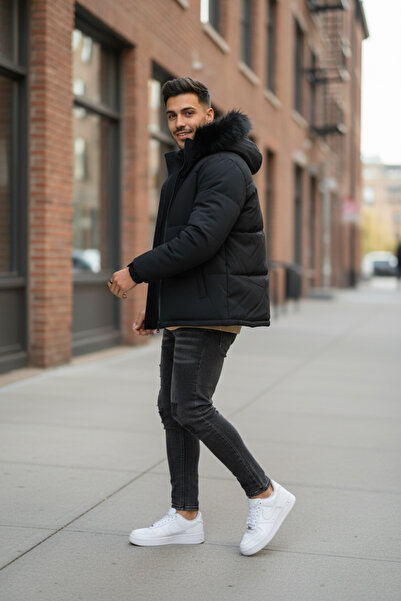 dehaine Men's casual fur jacket, detachable hood. 2333