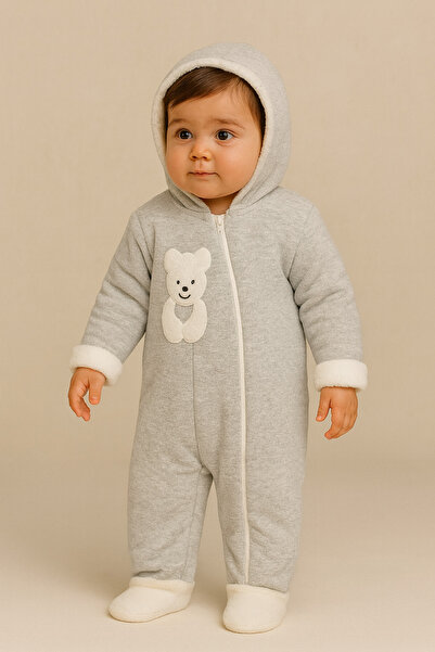 Katia&Bony Baby Teddy Patterned Plush Hooded Jumpsuit Gray