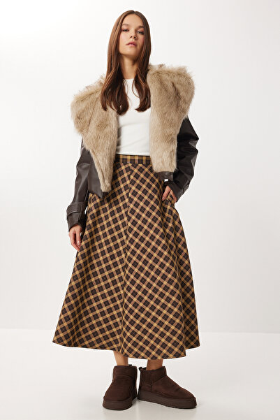 Lovelyİstanbul Καρό Φούστα Midi LNS0092 ΚΑΦΕ ΜΠΙΣΚΟΤΟ