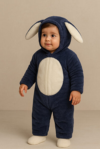 Katia&Bony Baby Rabbit Eared Hooded Plush Jumpsuit Navy Blue