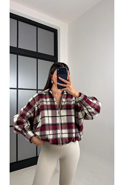 Gaus Burgundy Plaid Lined Bomber Jacket Gaus-00810