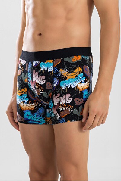 BAYKAR Men's Patterned Stretch Fabric Cotton Patterned Boxer 1420 Black
