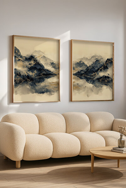 STARYUNA Set of 2 Paintings with Wooden Frame and Watercolor Effect Mountain View Yuna445