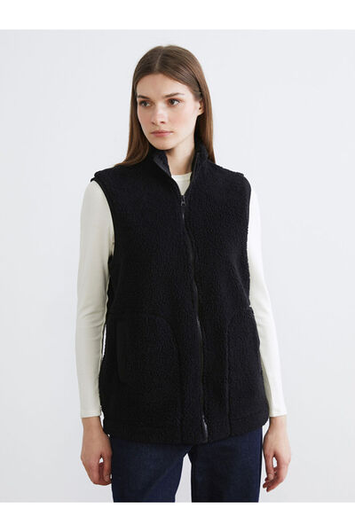 LC Waikiki Black Stand Collar Women's Plush Vest