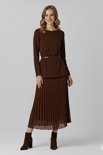Puane Жіноча сукня з поясом і складками - 12654ELB
