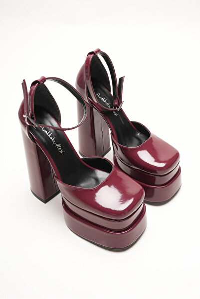 Ayakkabı Ateşi Burgundy Patent Leather Double Platform Chunky Heel Women's Shoes - Ankle Strap Blunt Toe Evening Dress Shoes