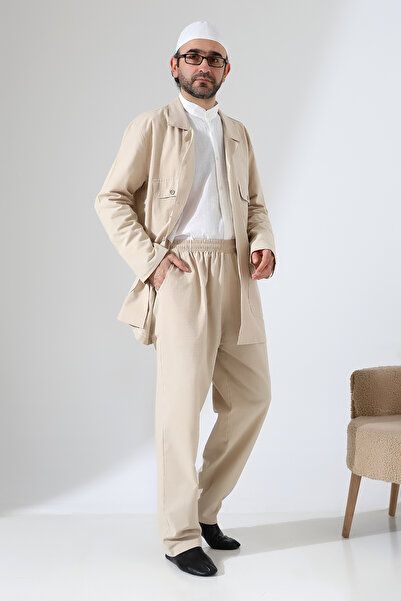 ihvan online Men's Linen Double Safari Suit - Hajj and Umrah Clothing Beige (Sfa)