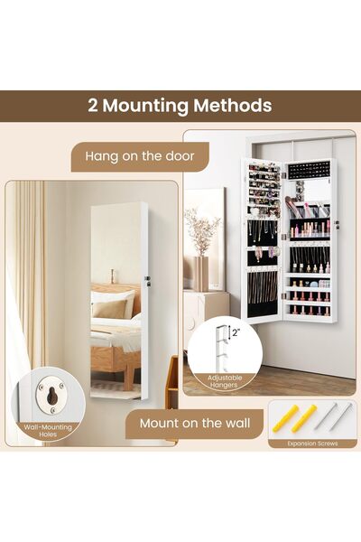 YESMAX خزانة مجوهرات بمرآة، منظم 2 في 1، خزانة مجوهرات مثبتة على الحائط بباب قابل للقفل مع أرفف