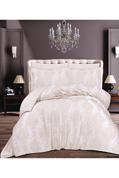 ihvan online Double Jacquard Satin Double Duvet Cover Set - 200X220 - 6 Piece Cotton Bedding Set - Cream (Vlr