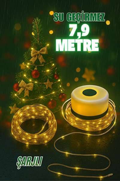 Ecuy Şarjlı Makaralı Su Geçirmez Led Işık Yılbaşı İç ve Dış Mekan Led Işık Zinciri 79 +30 Ledli 8 Metre