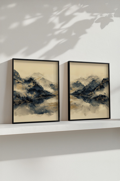 STARYUNA Set of 2 Mountain View Paintings with Watercolor Effect Black Wooden Frame Yuna445