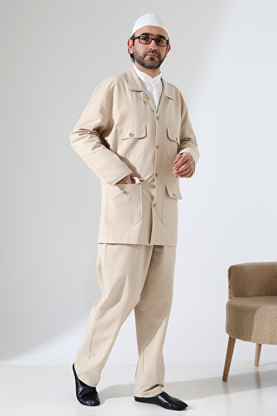 ihvan online Men's Linen Double Safari Suit - Hajj and Umrah Clothing Beige (Sfa)