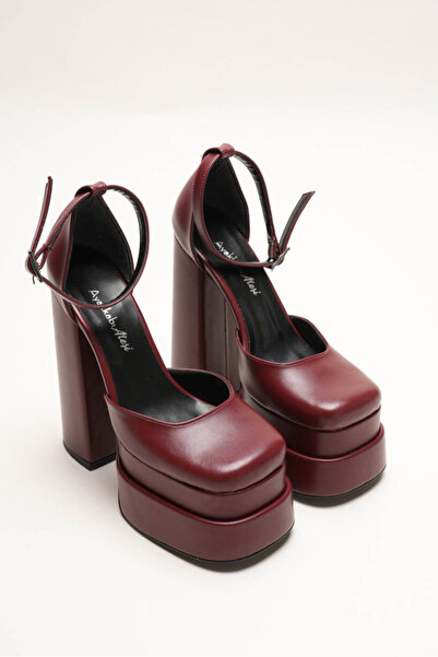 Ayakkabı Ateşi Burgundy Leather Double Platform Chunky Heel Women's Shoes - Ankle Strap Blunt Toe Evening Dress Shoes